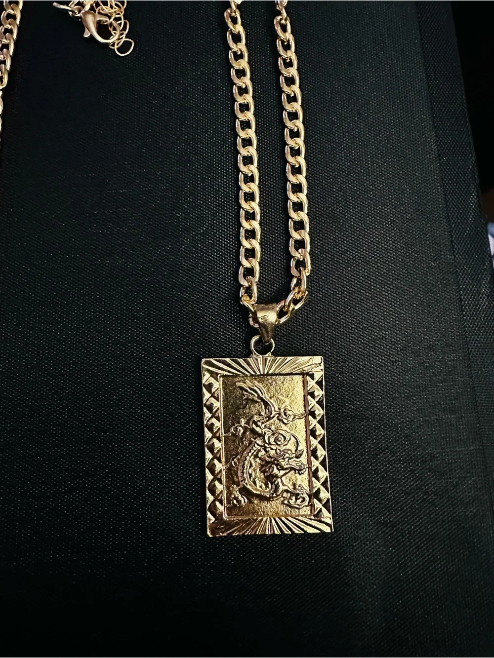 Gold-Tone Rectangular Pendant Necklace with Engraved Dragon